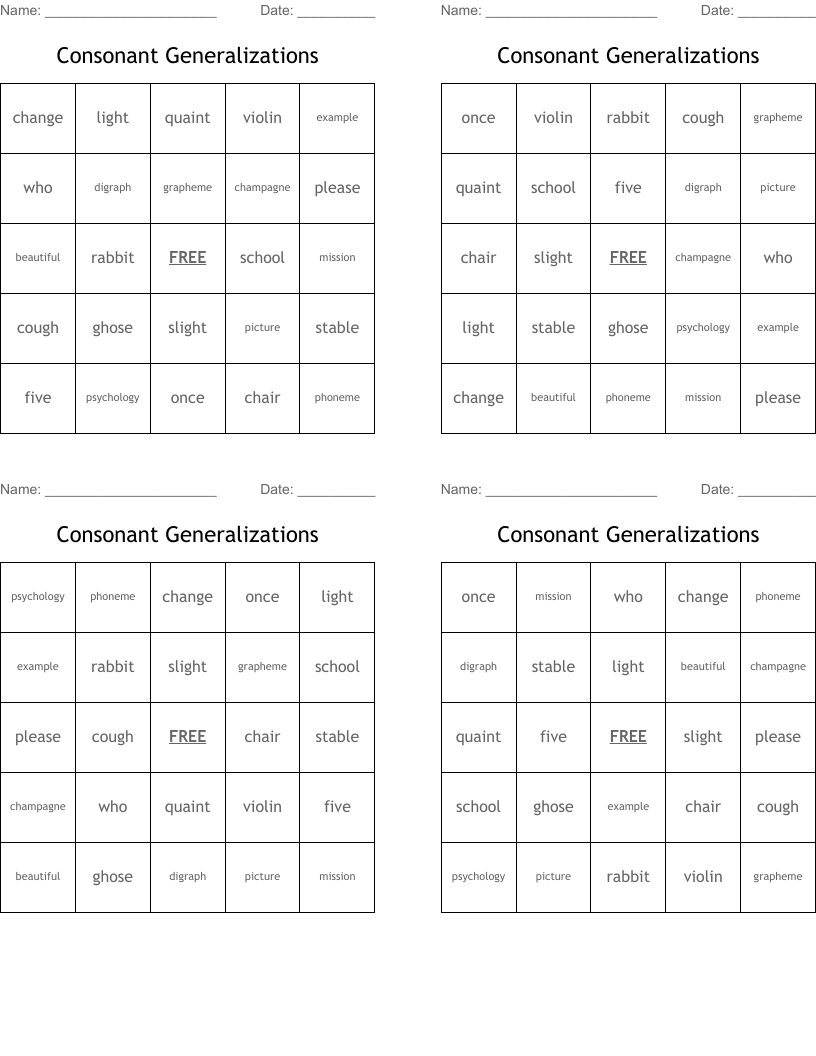 Consonant Generalizations Bingo Cards