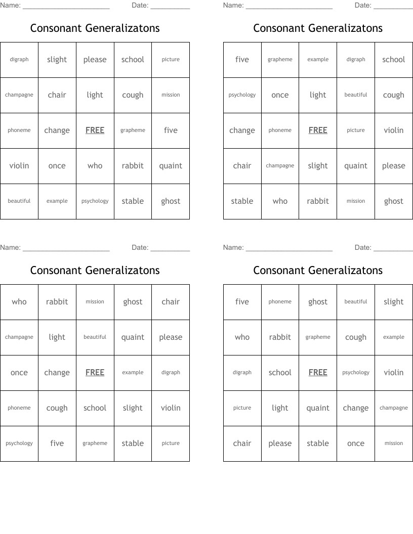 Consonant Generalizatons Bingo Cards
