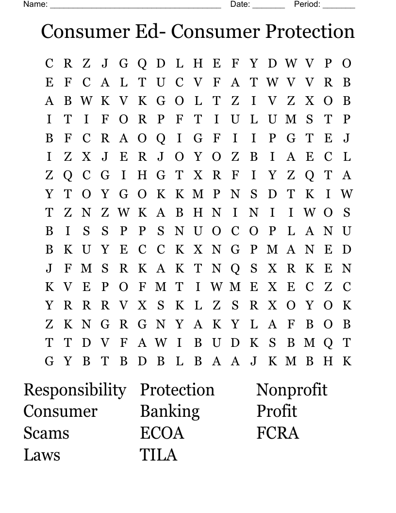 Consumer Ed- Consumer Protection Word Search