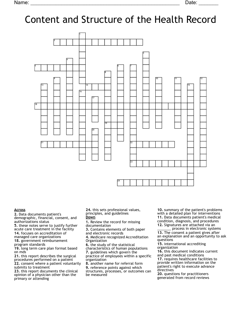 Content and Structure of the Health Record Crossword