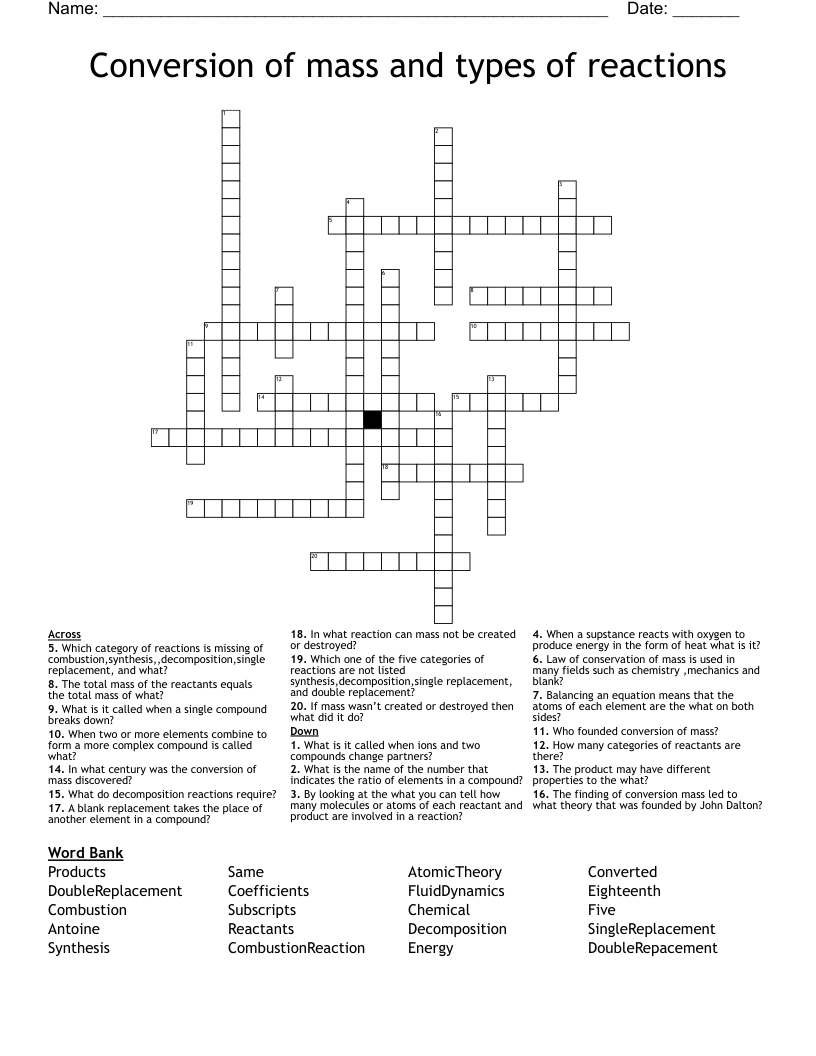 Conversion of mass and types of reactions  Crossword