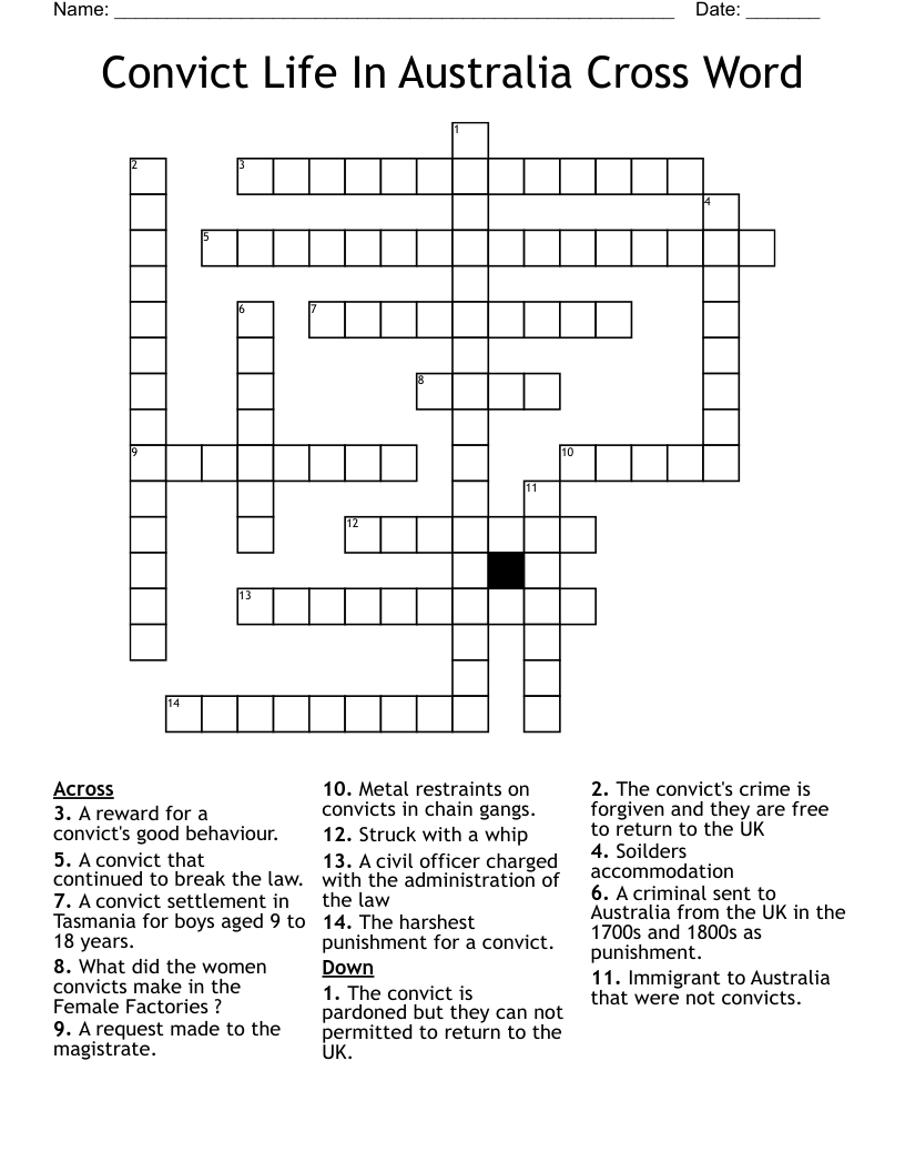 Convict Life In Australia Cross Word 