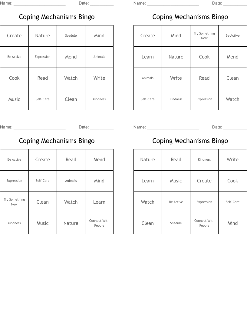Coping Mechanisms Bingo