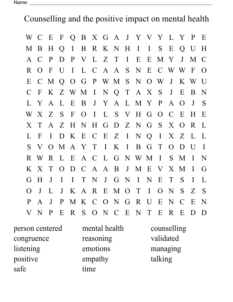 Counselling and the positive impact on mental health Word Search