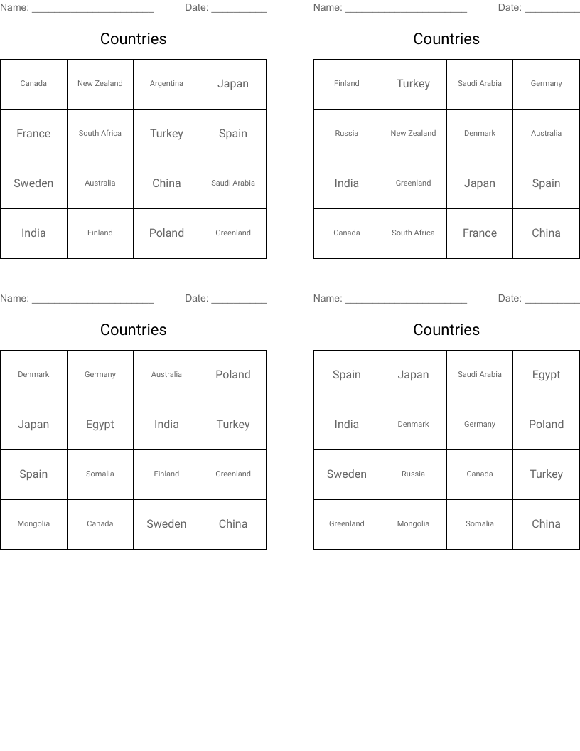 Countries  Bingo Cards