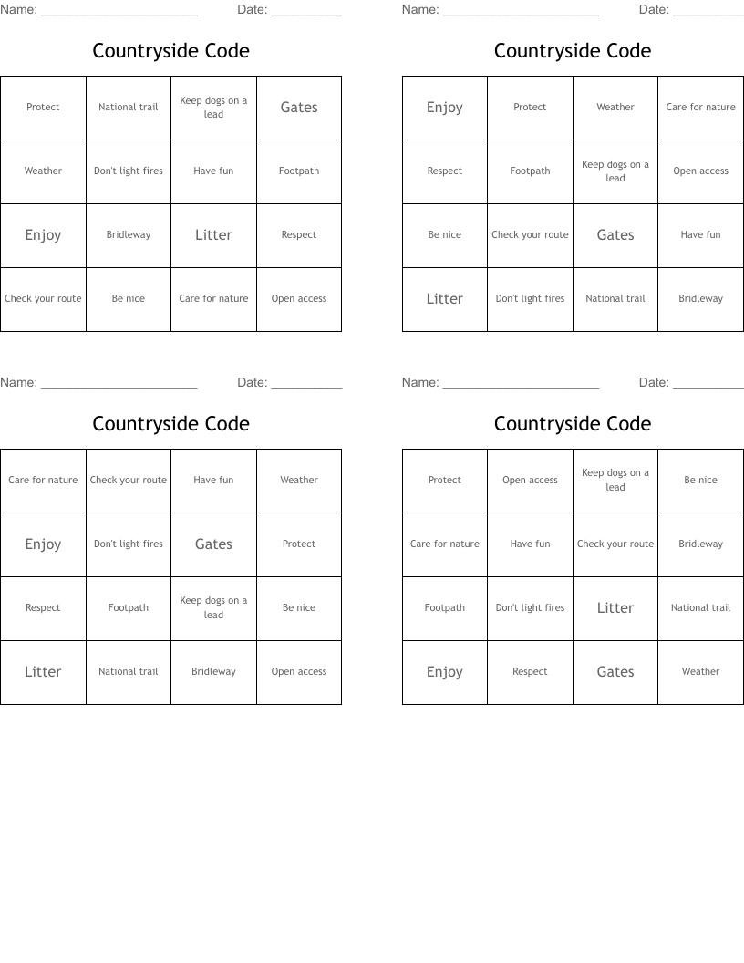 Countryside Code Bingo Cards WordMint