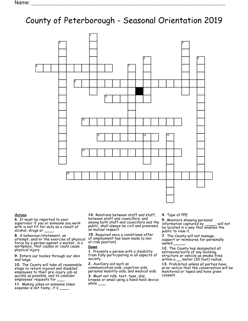 County of Peterborough - Seasonal Orientation 2019 Crossword
