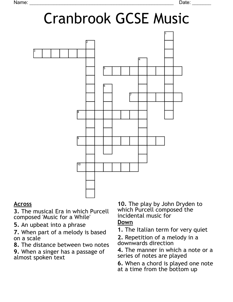 Cranbrook GCSE Music  Crossword