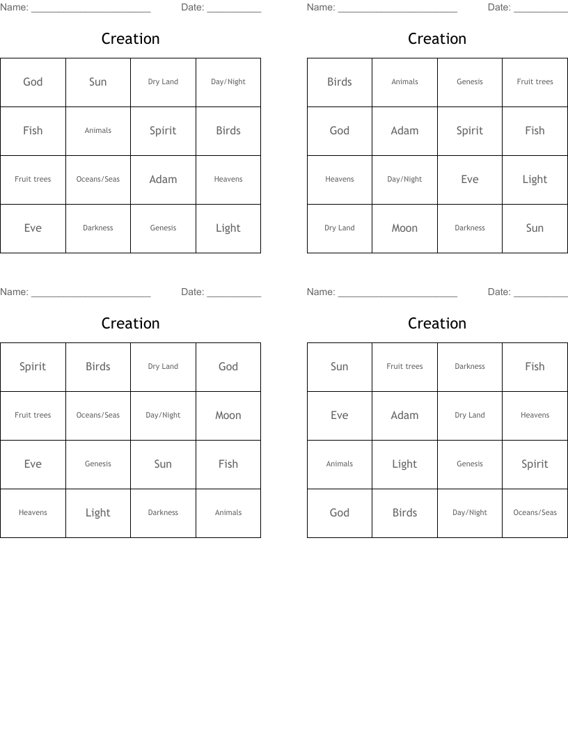 Creation Bingo Cards WordMint