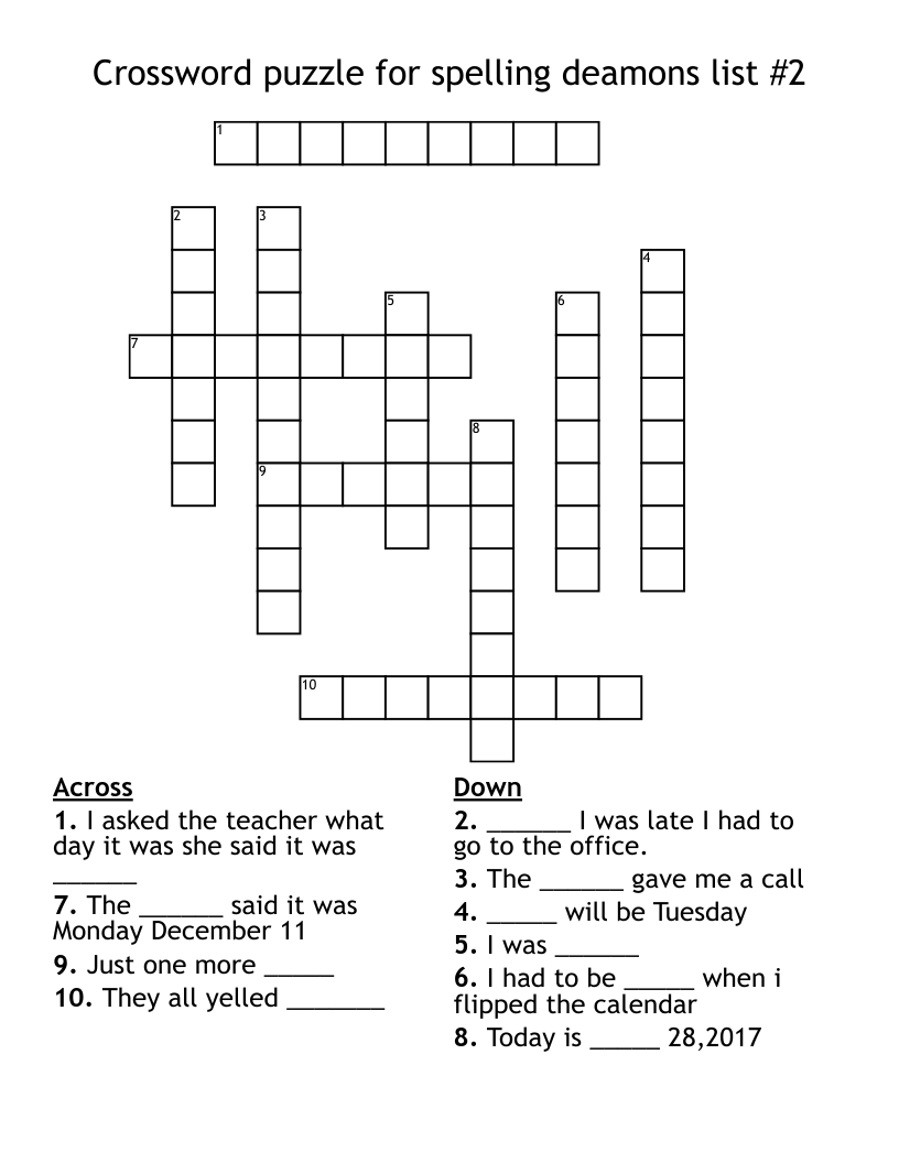 Crossword puzzle for spelling deamons list #2