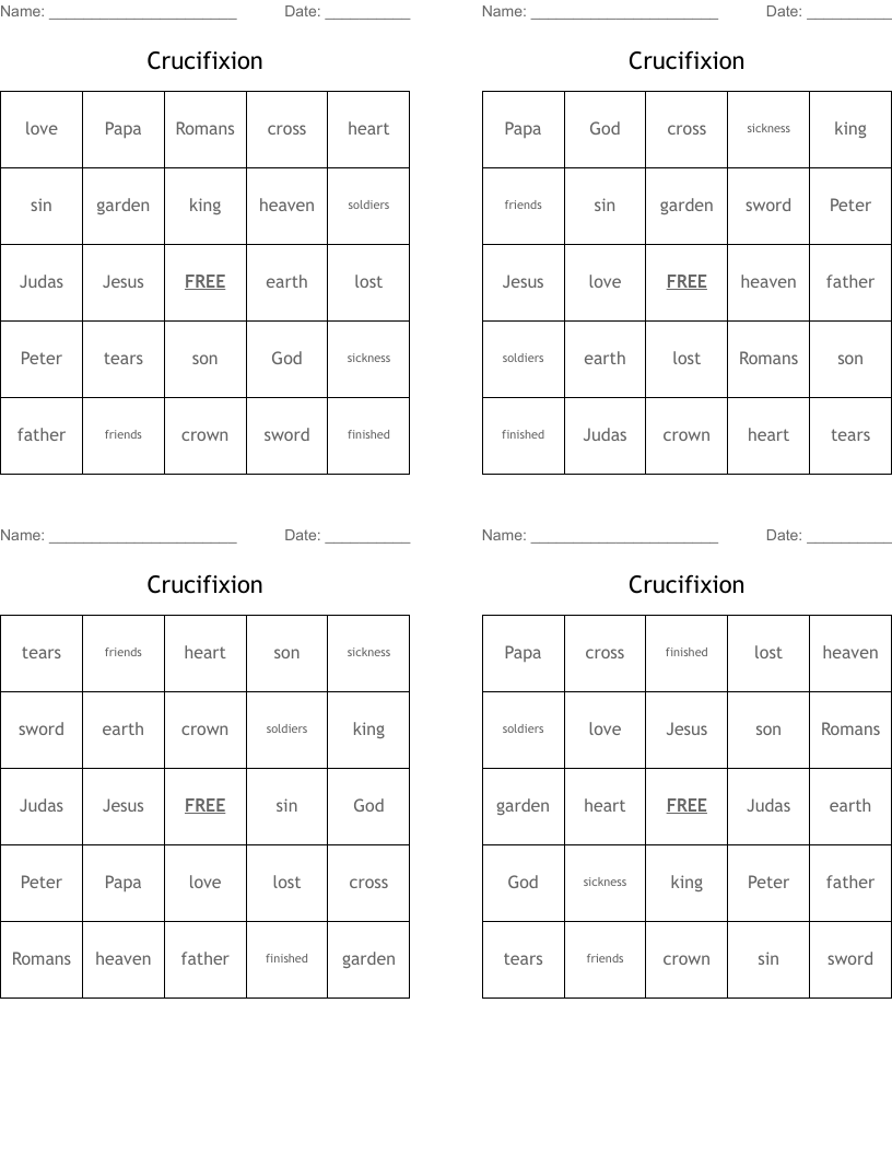 Crucifixion Bingo Cards