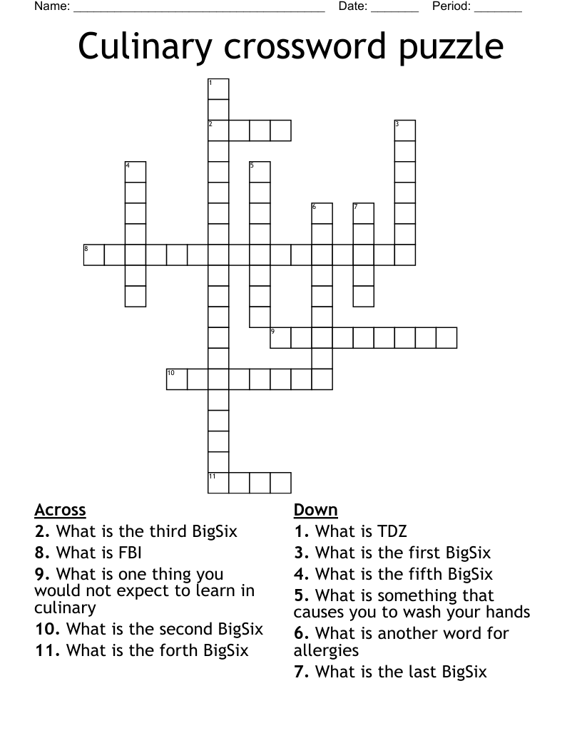 Culinary Crossword Puzzle WordMint