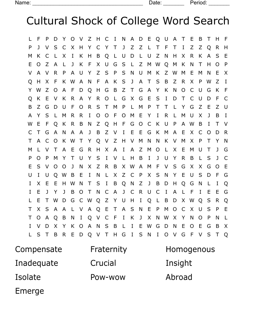 Cultural Shock of College Word Search