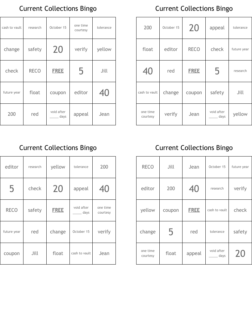 Current Collections Bingo