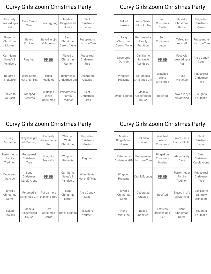 Curvy Girls Zoom Christmas Party Bingo Cards
