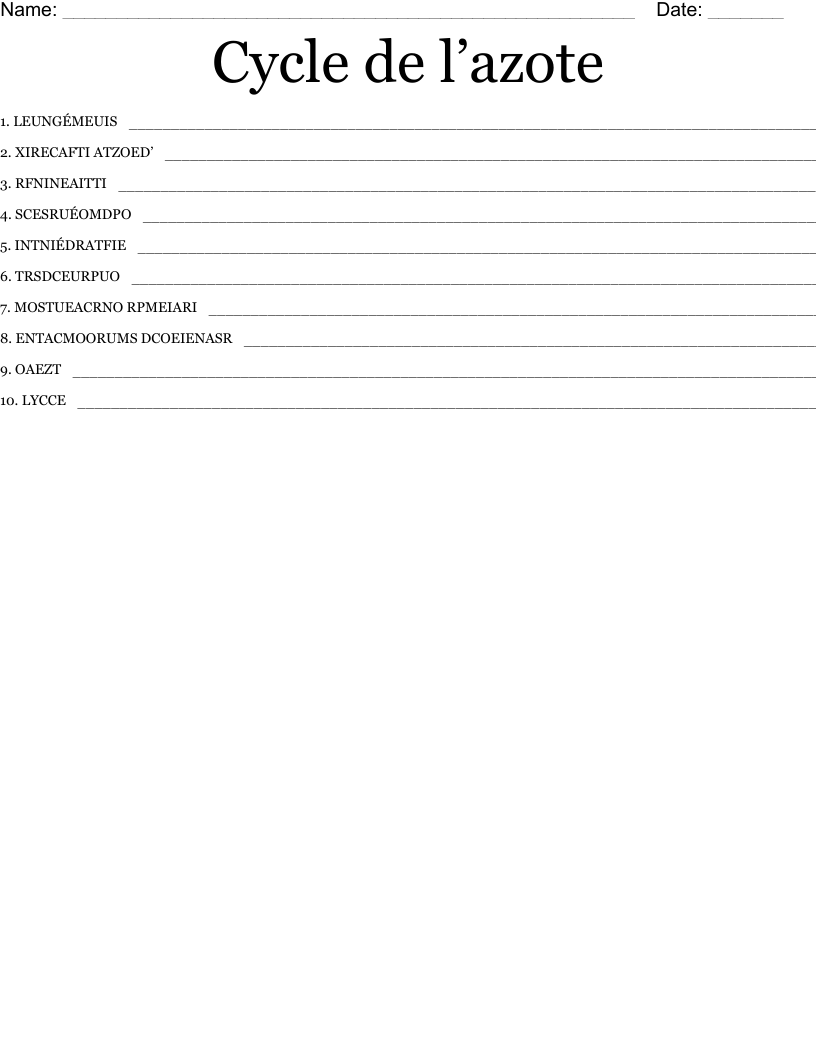 Cycle de l’azote Word Scramble