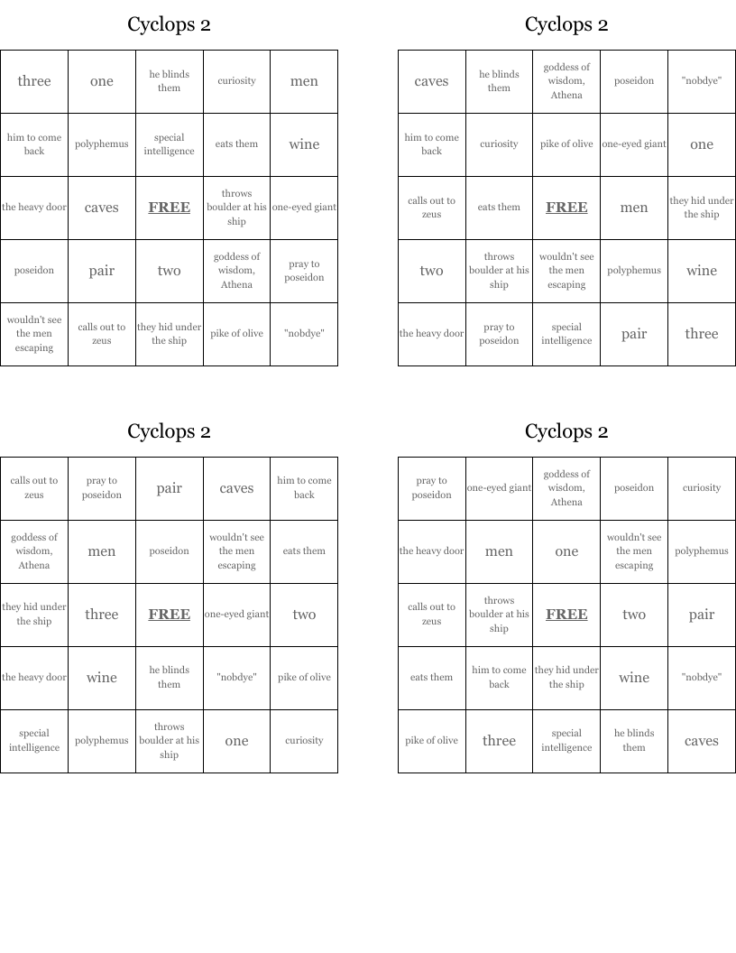 Cyclops 2  Bingo Cards