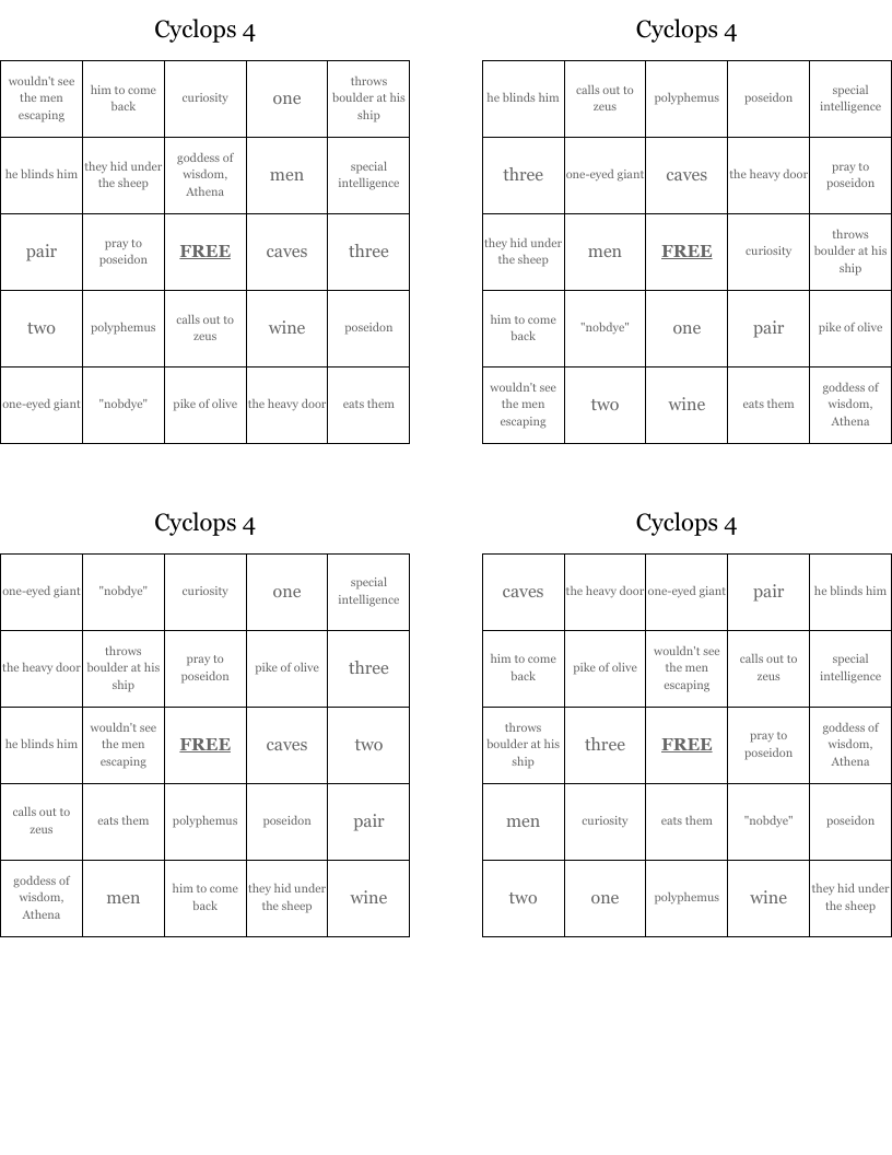 Cyclops 4  Bingo Cards