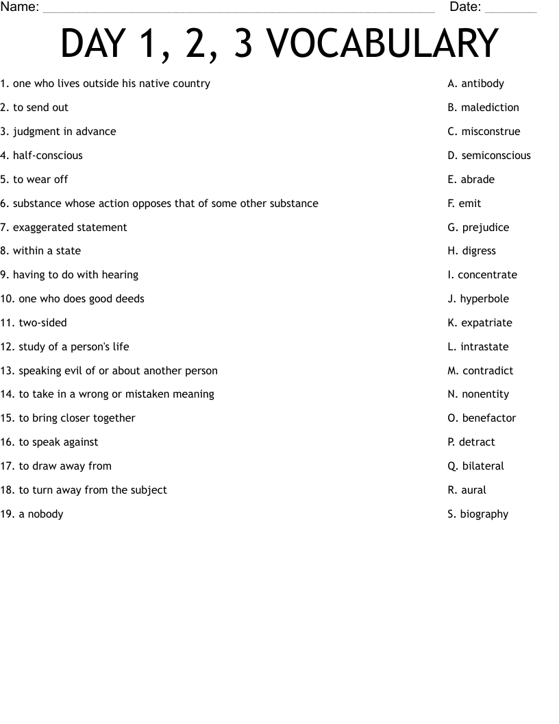 DAY 1, 2, 3 VOCABULARY Worksheet