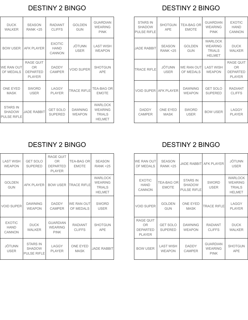 DESTINY 2 BINGO