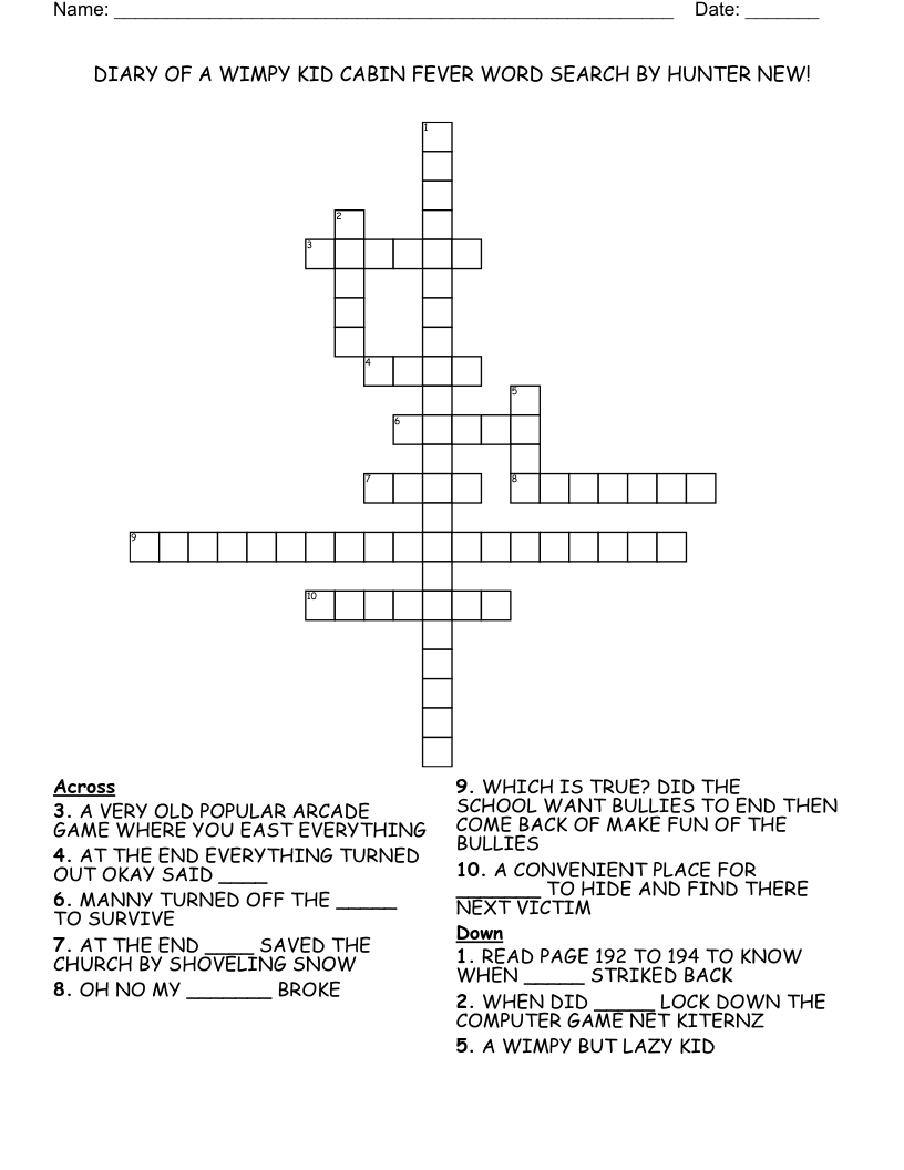 DIARY OF A WIMPY KID CABIN FEVER WORD SEARCH BY HUNTER NEW! Crossword