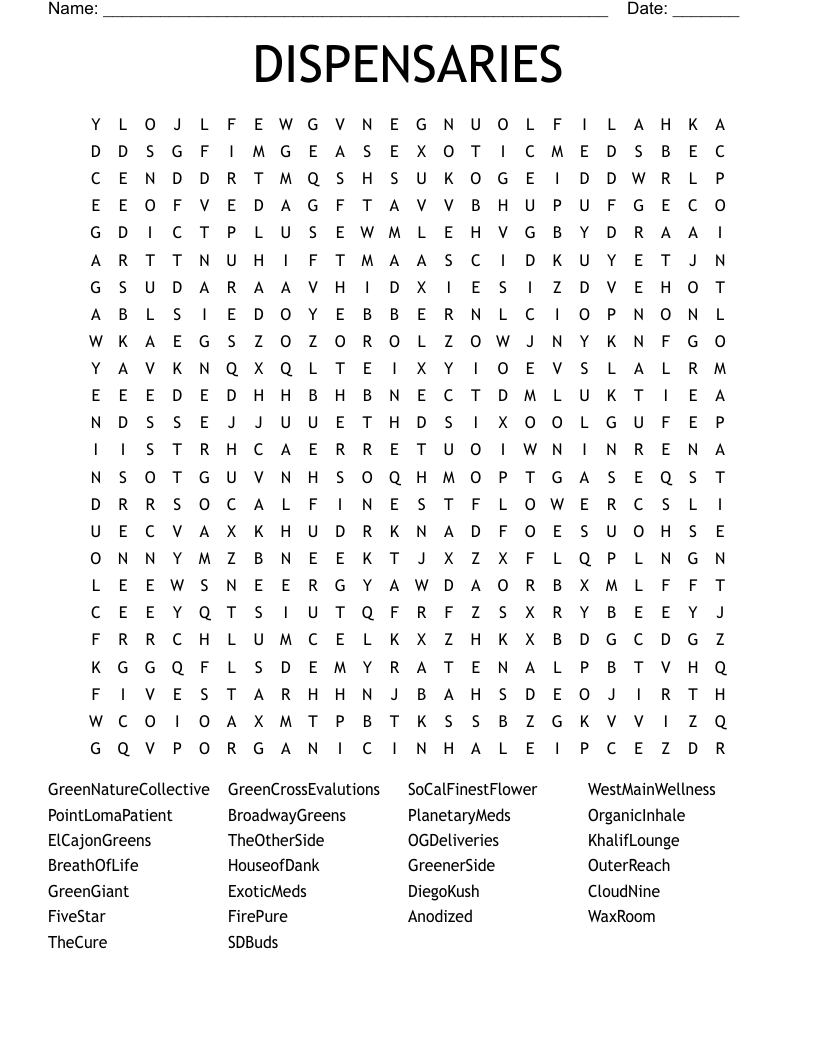 DISPENSARIES Word Search