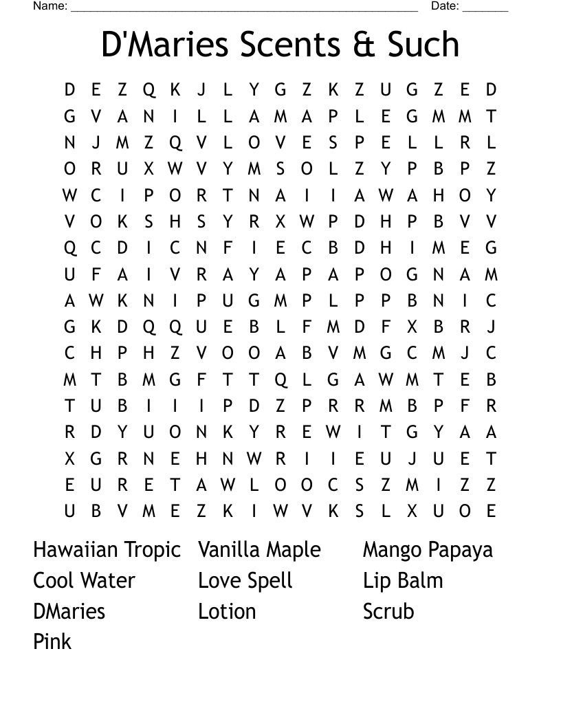 D'Maries Scents & Such Word Search