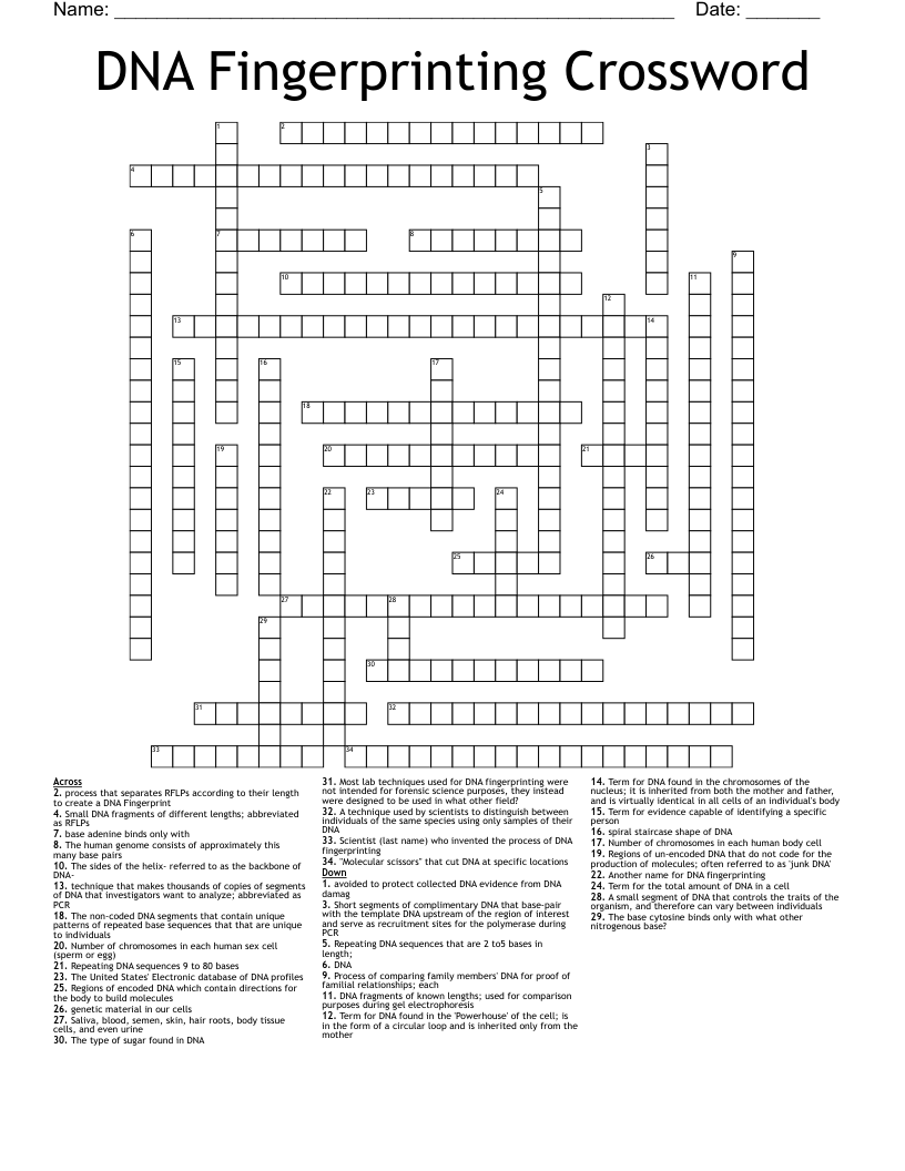 DNA Fingerprinting Crossword