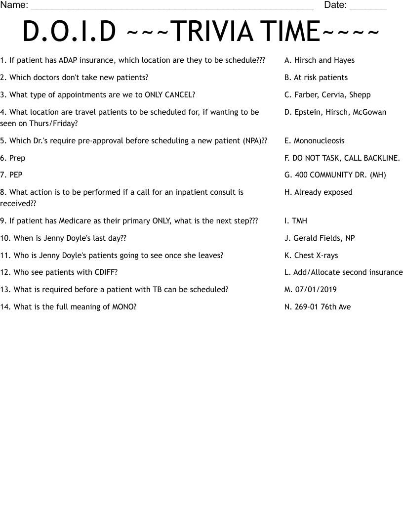 D.O.I.D ~~~TRIVIA TIME~~~~ Worksheet