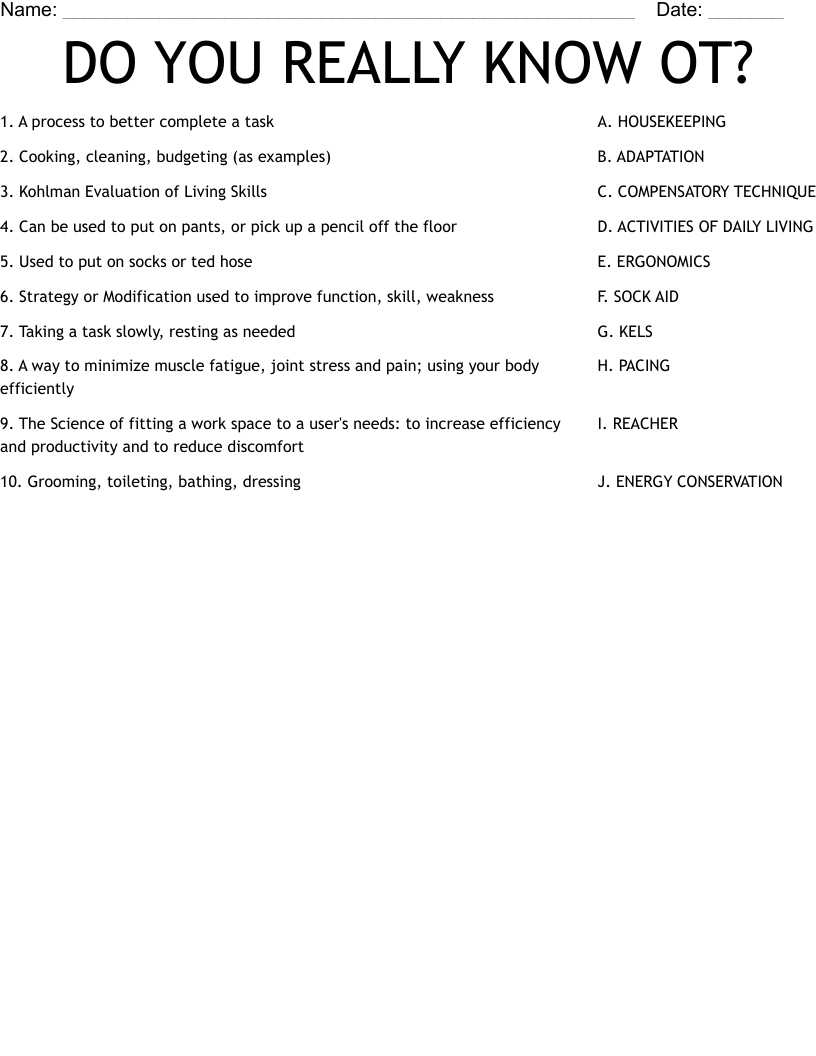 DO YOU REALLY KNOW OT? Worksheet