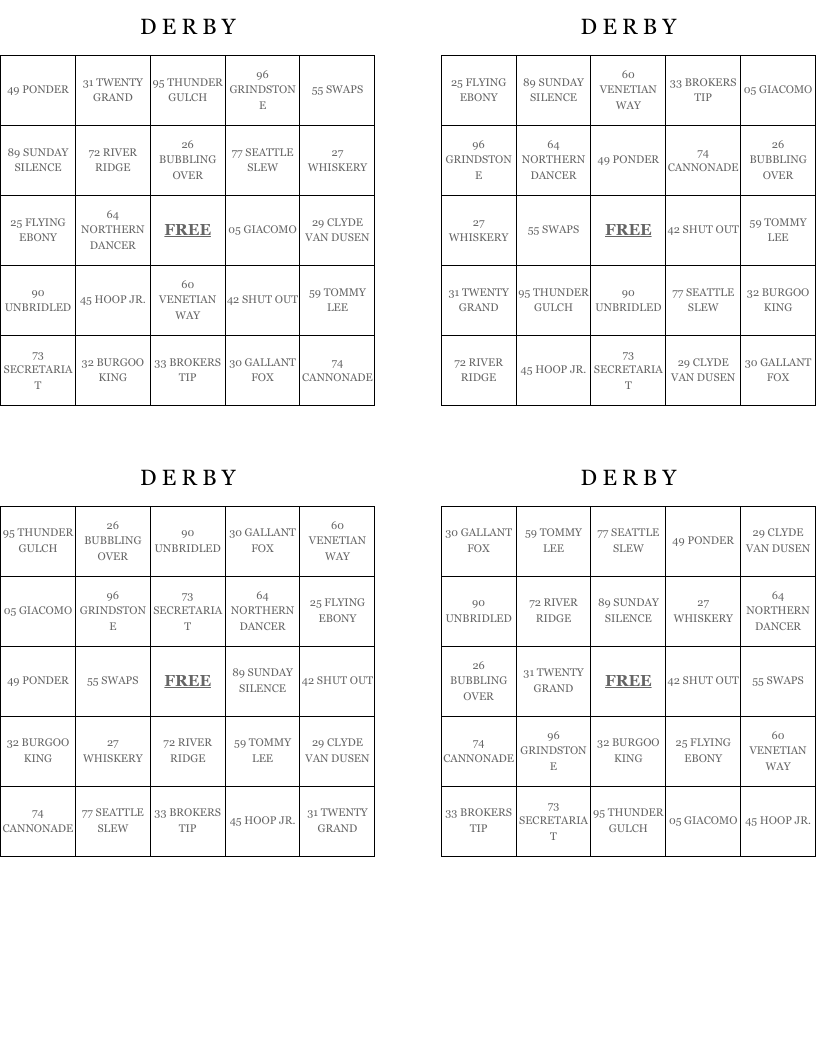 D       E          R          B          Y Bingo Cards