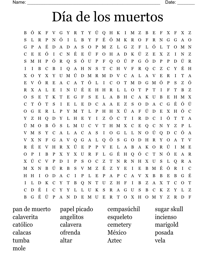 Dia De Los Muertos Word Search WordMint
