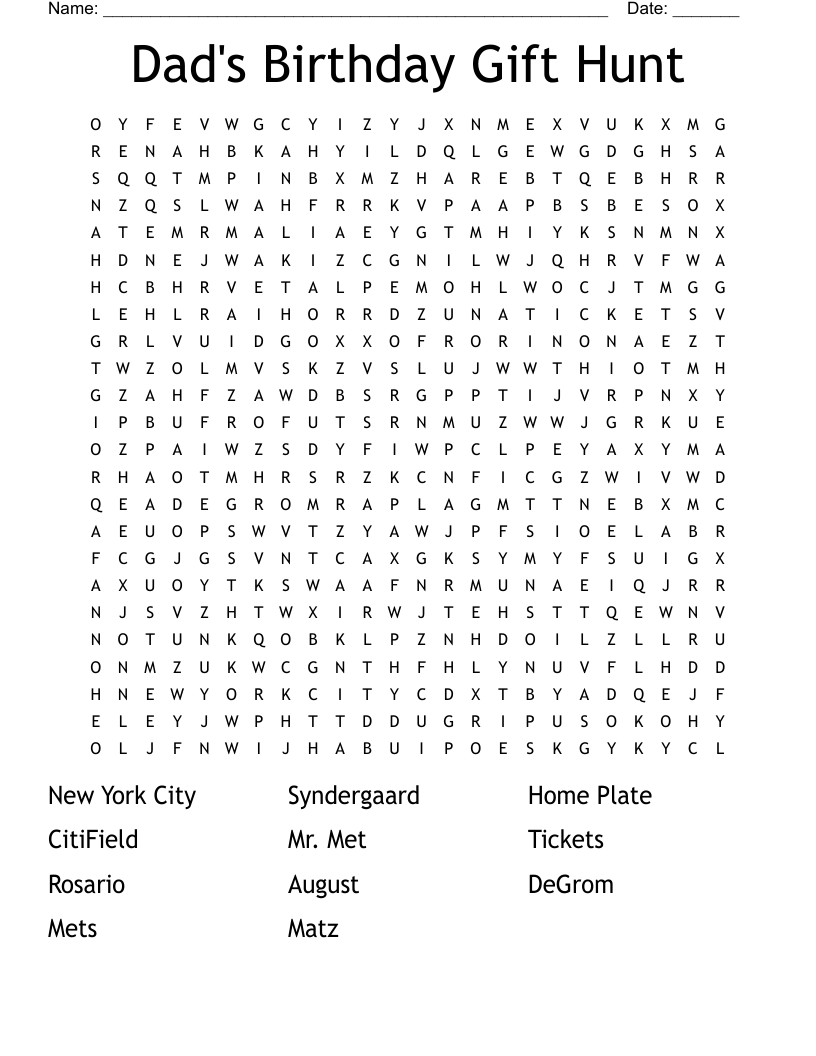 Dad's Birthday Gift Hunt Word Search