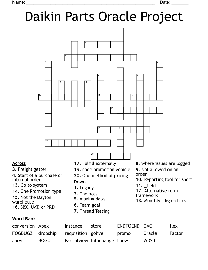 Daikin Parts Oracle Project Crossword