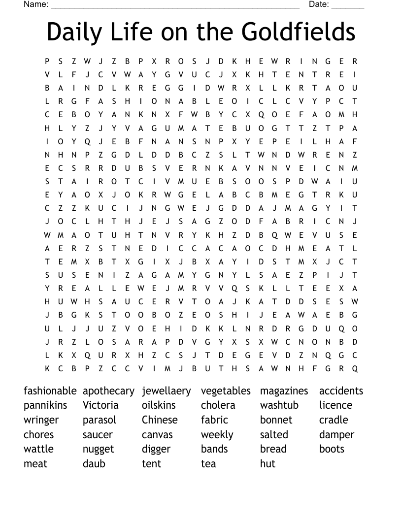 Daily Life on the Goldfields Word Search