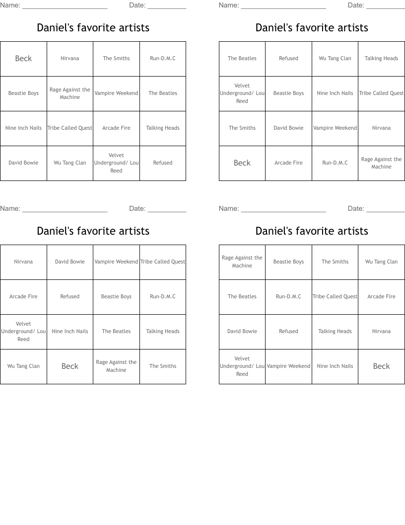 Daniel's favorite artists Bingo Cards