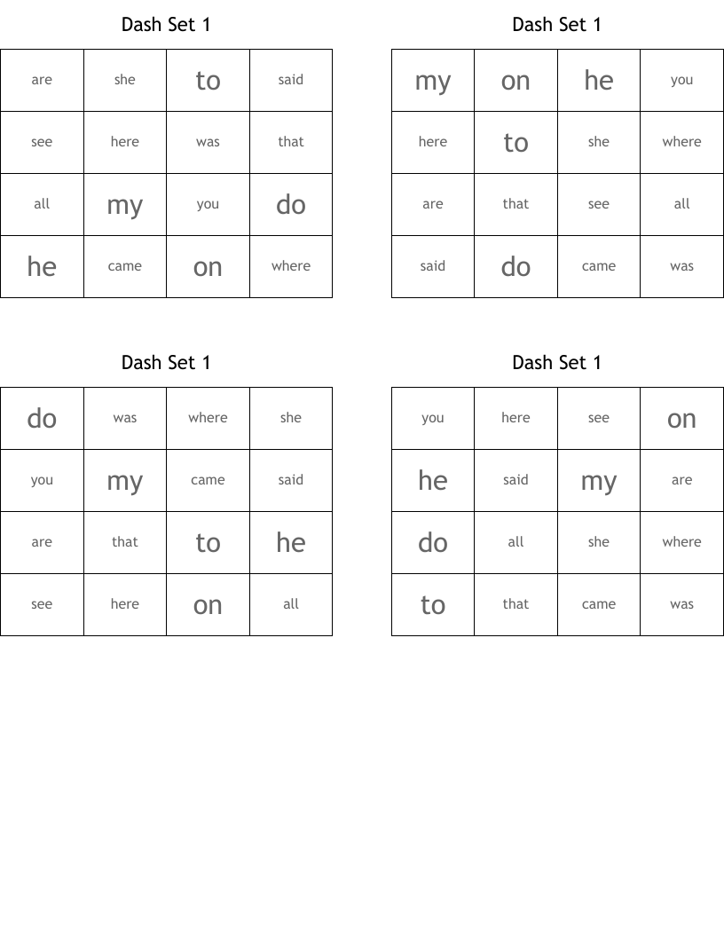 Dash Set 1 Bingo Cards