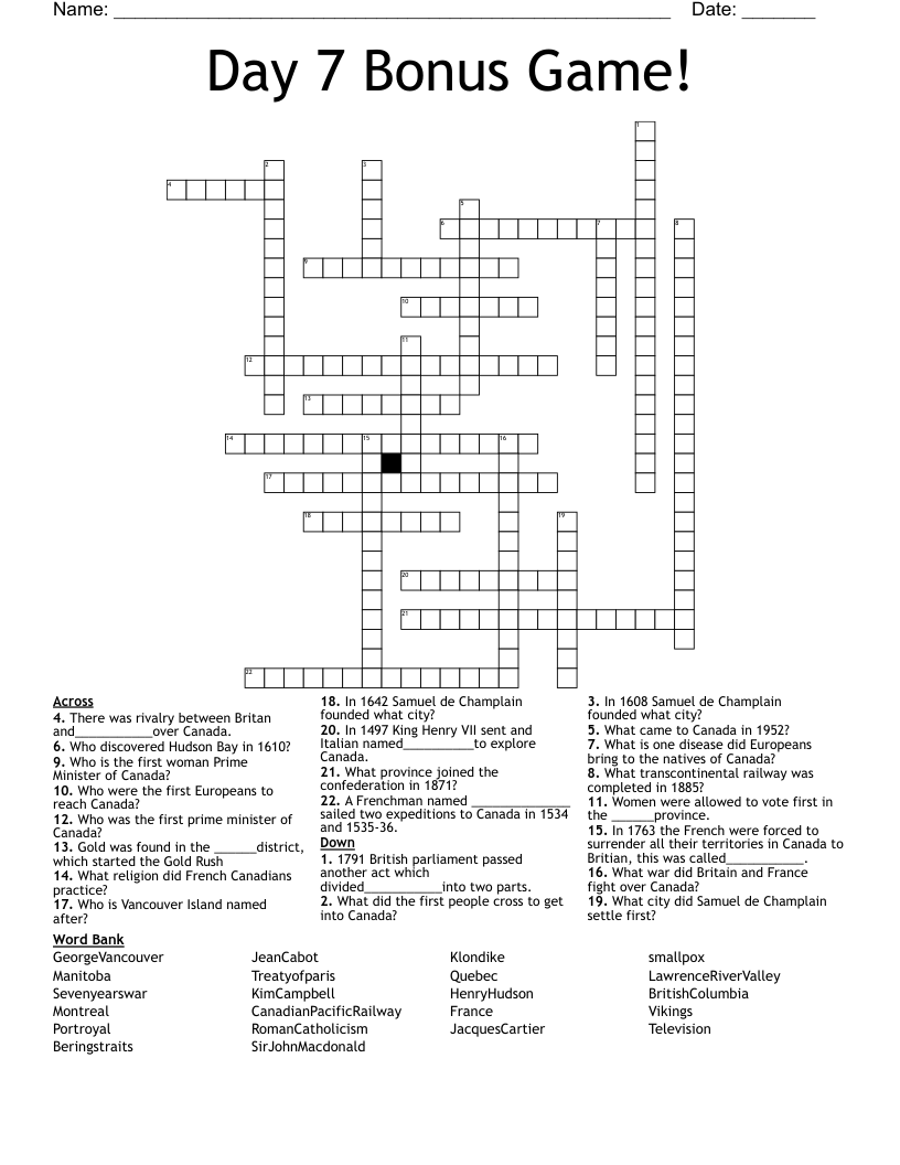 Day 7 Bonus Game! Crossword