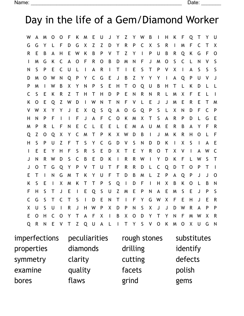 Day in the life of a Gem/Diamond Worker Word Search WordMint