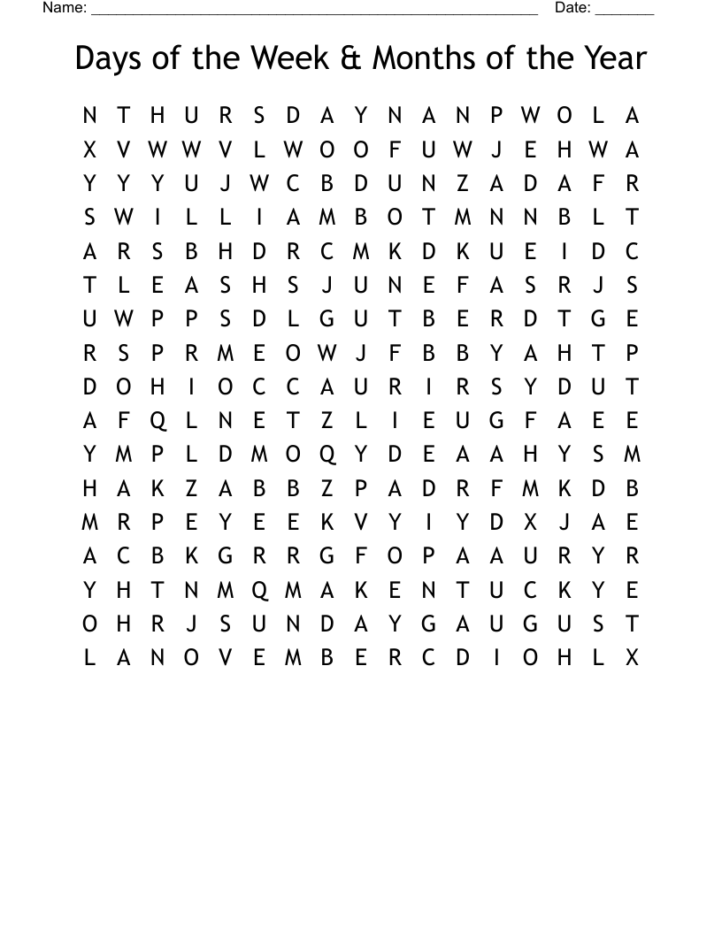 Days Of The Week Months Of The Year Word Search WordMint