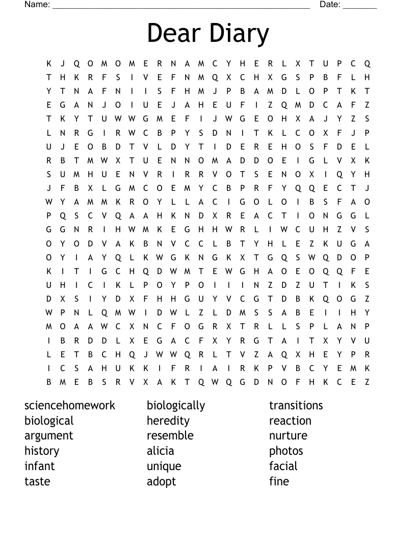 Dear Diary Word Search