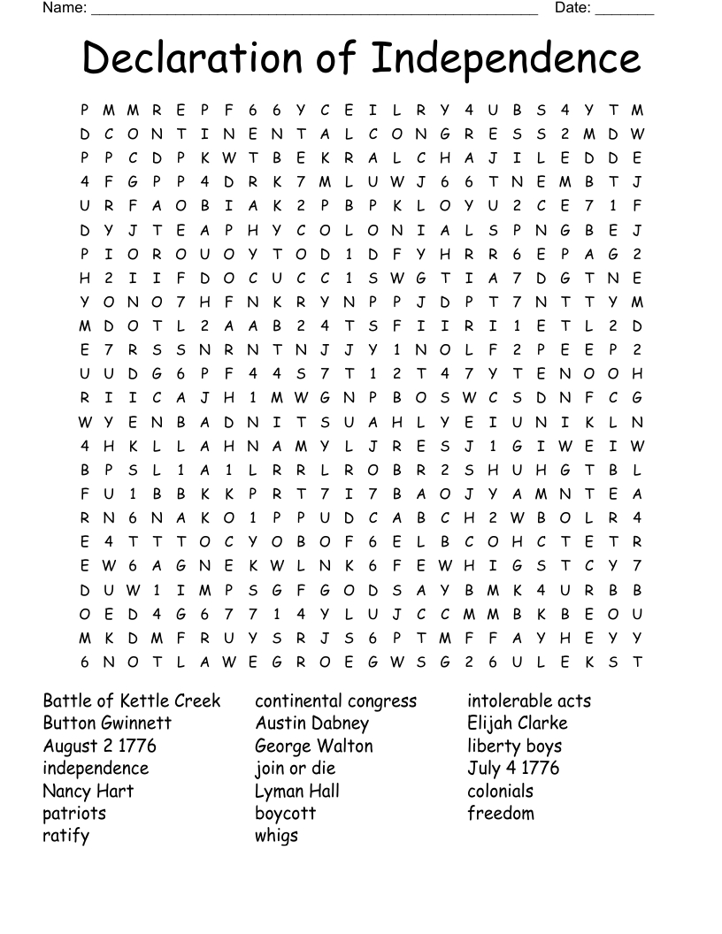 Declaration Of Independence Word Search WordMint