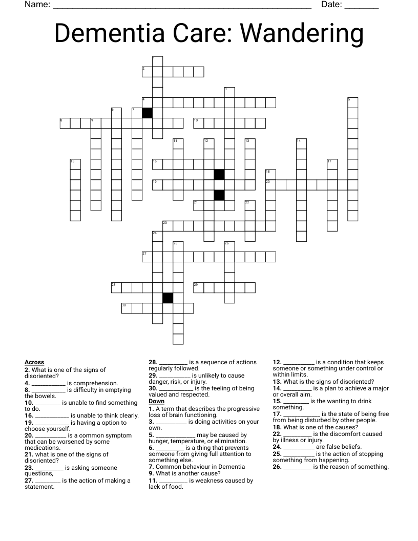 Dementia Care: Wandering  Crossword