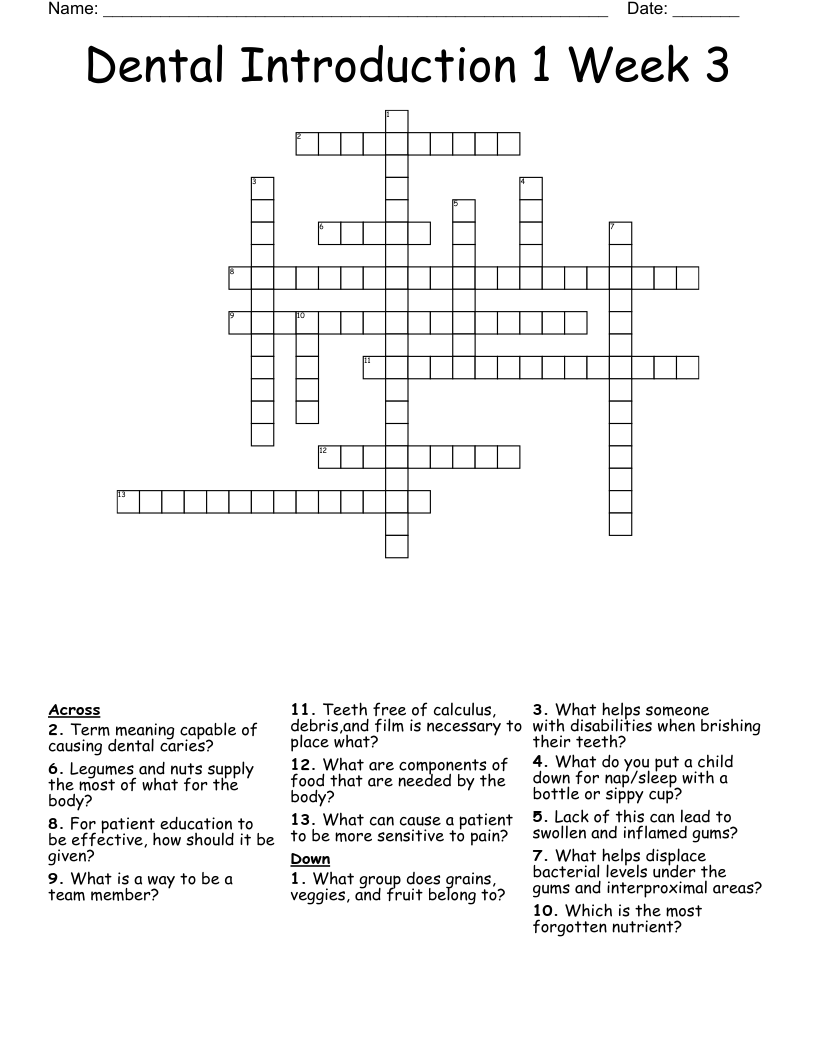 Dental Introduction 1 Week 3 Crossword