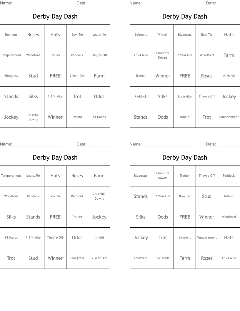 Derby Day Dash Bingo Cards