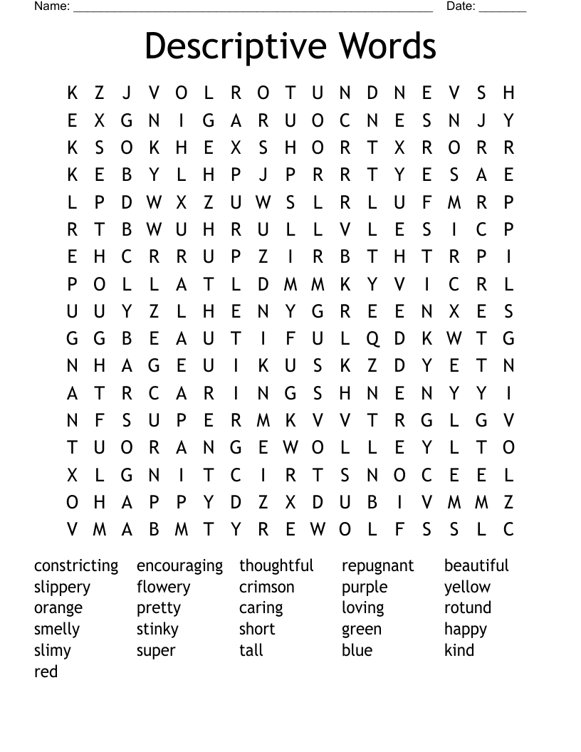 Descriptive Words Word Search