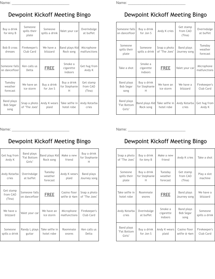 Dewpoint Kickoff Meeting Bingo