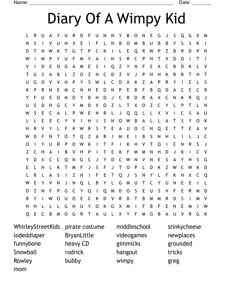 Diary Of A Wimpy Kid Word Search