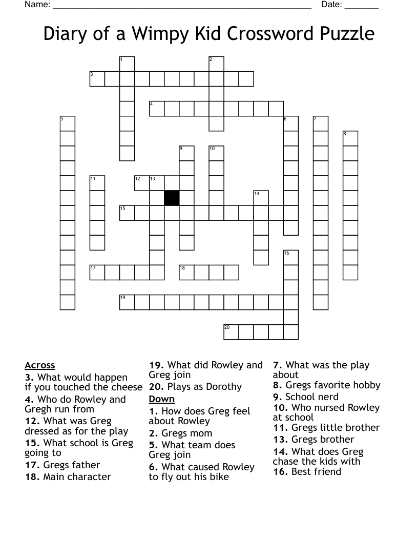 Diary Of A Wimpy Kid Crossword Puzzle WordMint