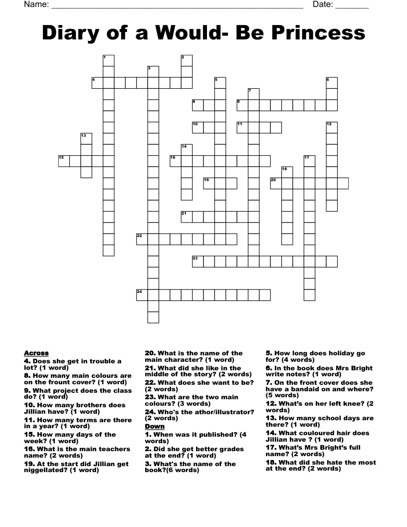 Diary of a Would- Be Princess Crossword